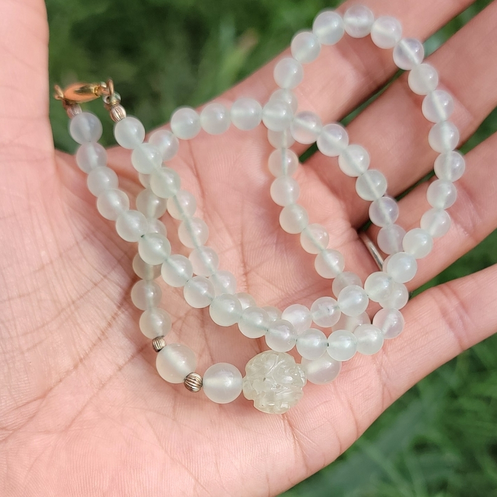 High-end estate icy white jadeite jade center carved shou bead *RARE*